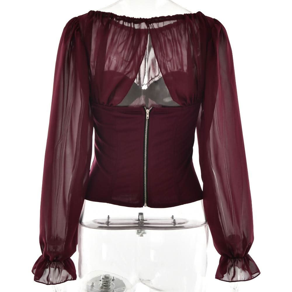 Long sleeve chiffon patchwork corset zip-up top | Festival Outfits Women