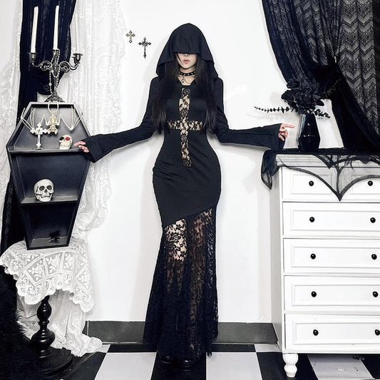 Long sleeve hoodie lace hem cross pattern maxi dress | Festival Outfits Women