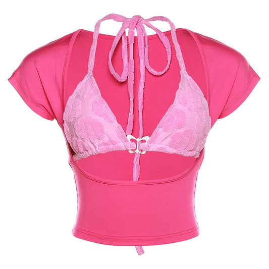 2 piece textured butterfly hollow out short sleeve crop cut out top