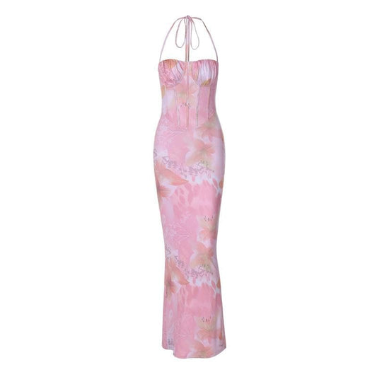 Halter print ruched bustier high slit knotted maxi dress | Festival Outfits Women