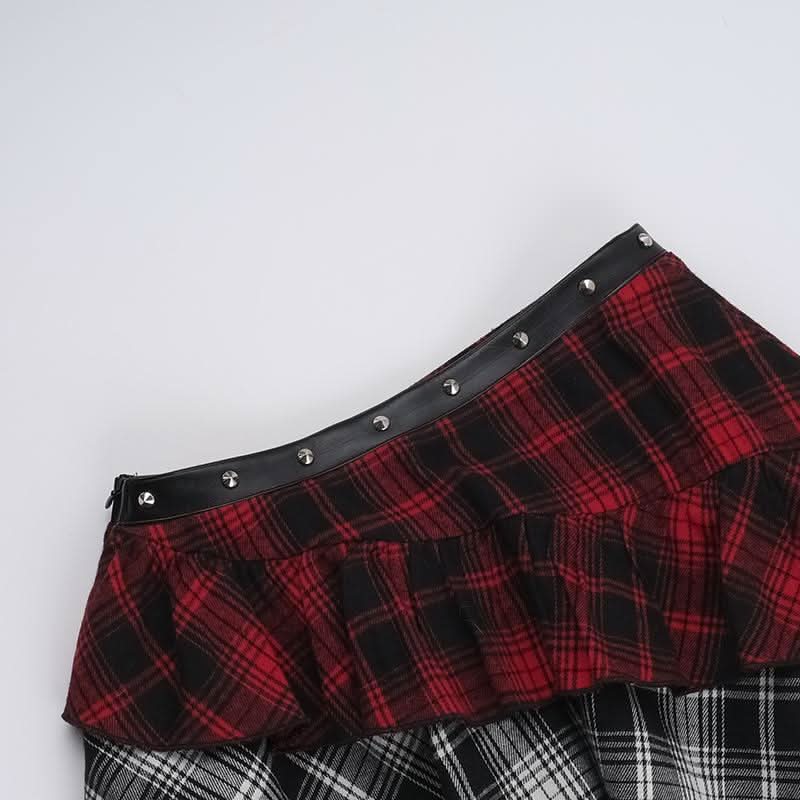 Plaid irregular buckle ruffle lace hem patchwork mini skirt | Festival Outfits Women