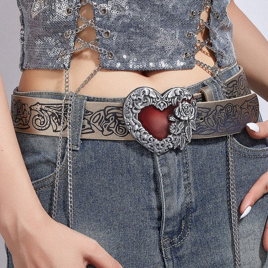 Heart print PU leather adjustable belt | Festival Outfits Women