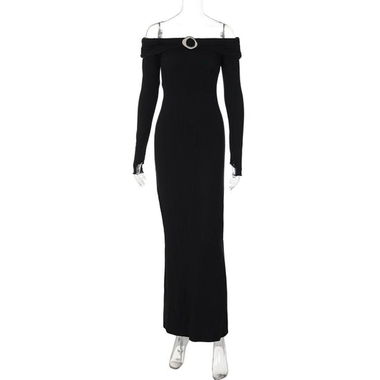 Off shoulder long sleeve slit o ring maxi dress | Festival Outfits Women