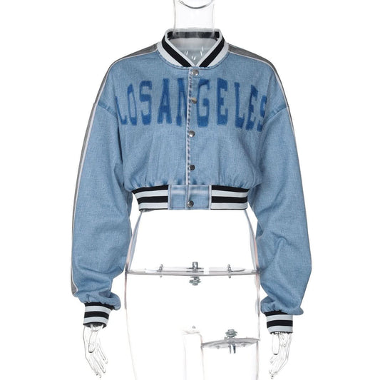 Long sleeve denim letter print patchwork button top | Festival Outfits Women