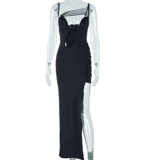 Irregular high slit ruched mesh hollow out cami cut out maxi dress | Festival Outfits Women