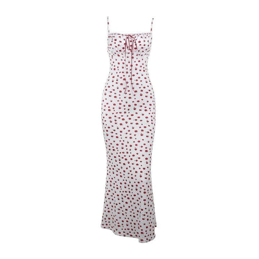 Bowknot ribbon stitch flower print polka dot cami maxi dress | Festival Outfits Women