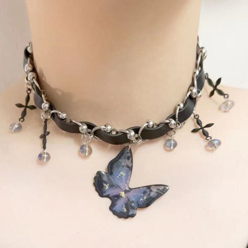 Butterfly PU leather beaded cross choker necklace | Festival Outfits Women