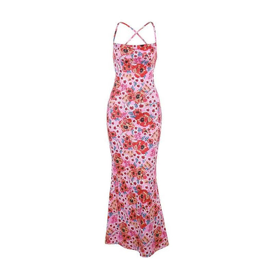 Cross back self tie flower print cami maxi dress | Festival Outfits Women