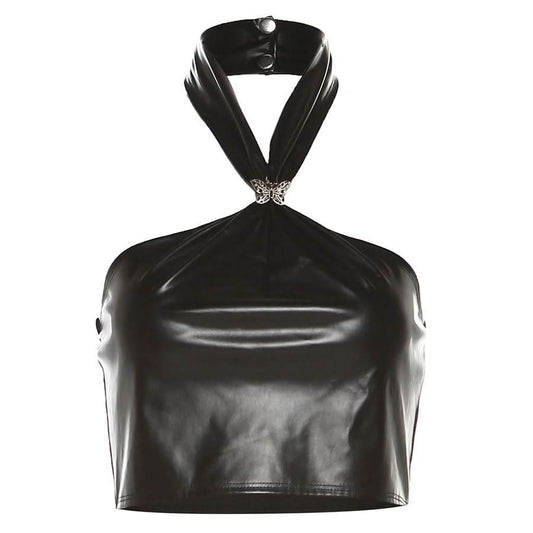 Halter PU leather button butterfly applique top | Festival Outfits Women