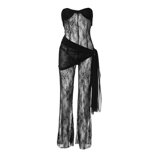Lace see through solid self tie irregular backless tube jumpsuit | Festival Outfits Women