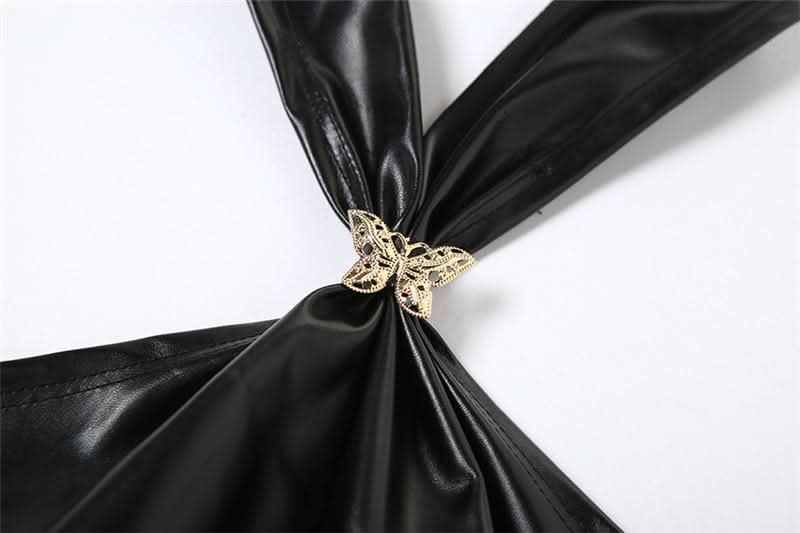 Halter PU leather button butterfly applique top | Festival Outfits Women