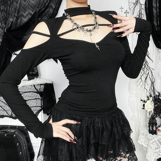 High neck long sleeve hollow out cross metal cut out top | Festival Outfits Women