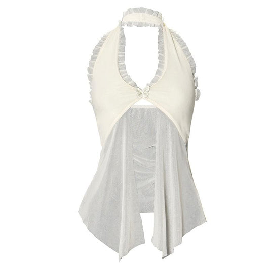 Halter lace hem ruffle butterfly embroidery mesh top | Festival Outfits Women