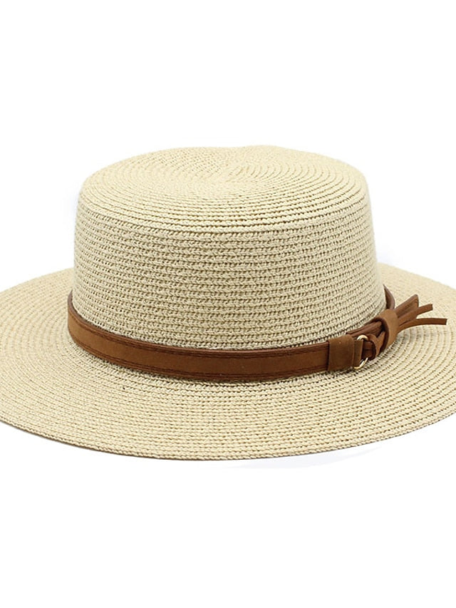 with Leather Rope Flat Cap Panama Hat Summer Sun Hats For Women Men Beach Straw Hat Fashion Sun Protection Travel Cap for Women