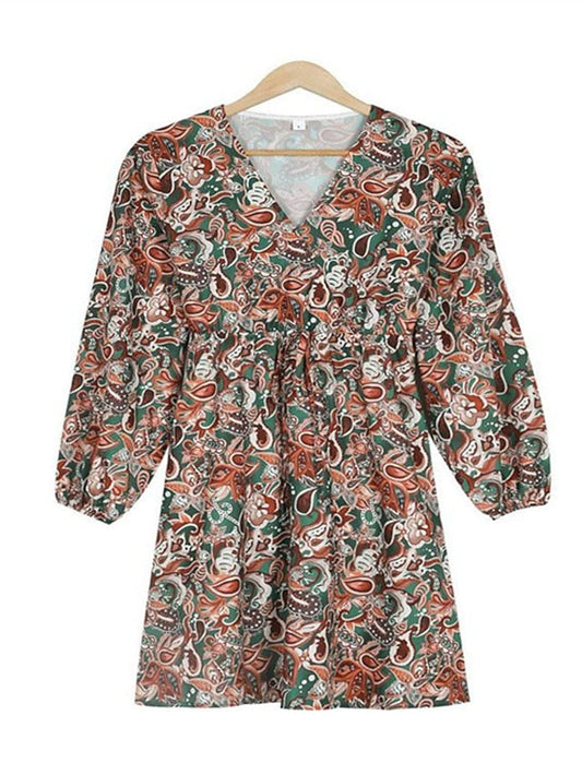 A Line Dress Knee Length Dress Brown Long Sleeve Floral Print Summer Spring V Neck Casual Winter Dress Fall Dress S M L XL XXL for Women