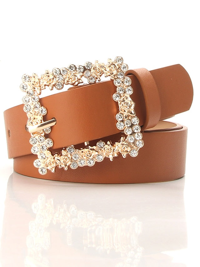 Unisex PU Buckle Belt PU Leather Prong Buckle Crystal Rhinestone Casual Classic Party Daily Green White Black Brown for Women