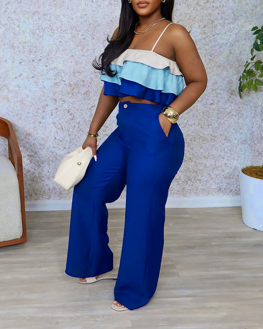 Ruffled Top High-Waisted Trousers Set