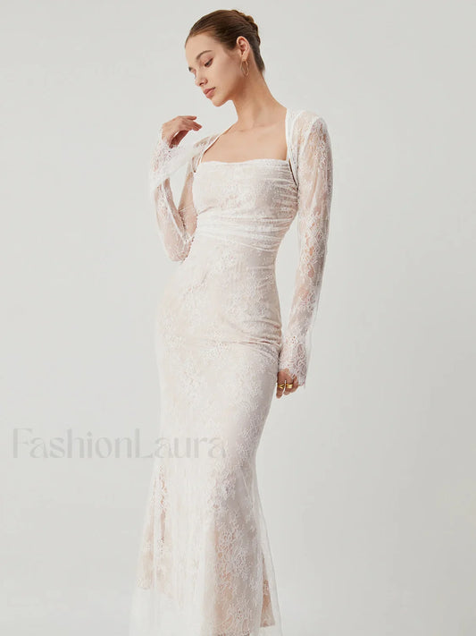 Lace Jacquard Floral Trendy Semi-sheer Tied Maxi Dress