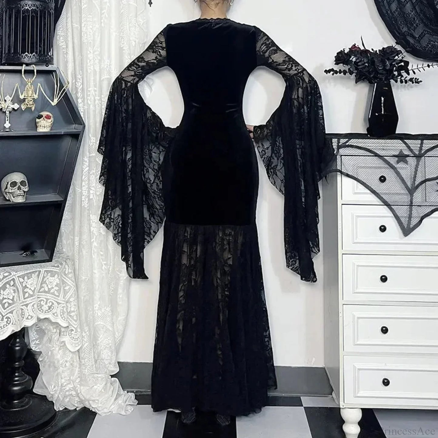 Lacy Mesh V-Neck Long Dress