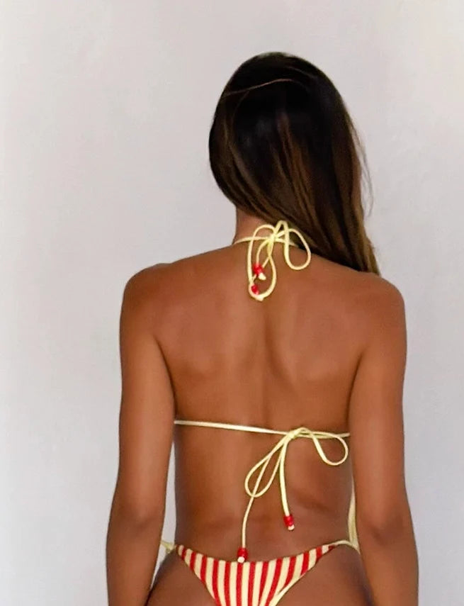 Arianna Reversible Triangle Bikini Top - Red Yellow Dot and Stripe