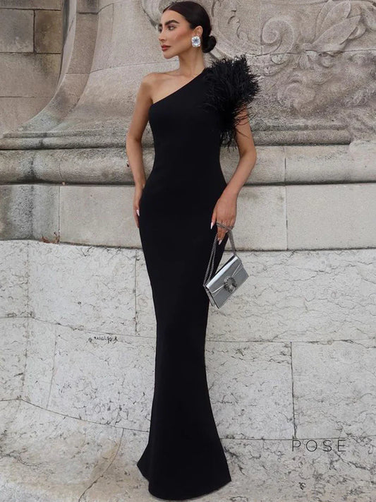 Aryana Feather One-Shoulder Gown