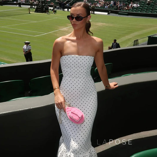 Azaria Polka Dot Strapless Midi Dress