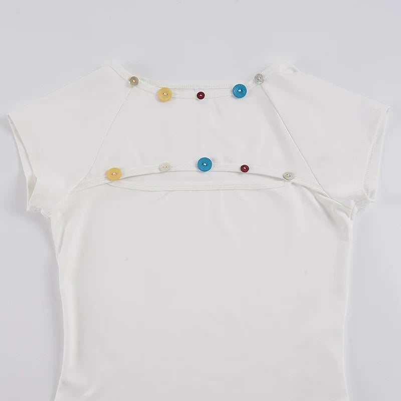 Elianna Colorful Button Cutout Tee
