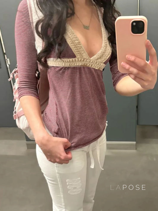 Haley Red Striped Lace Top