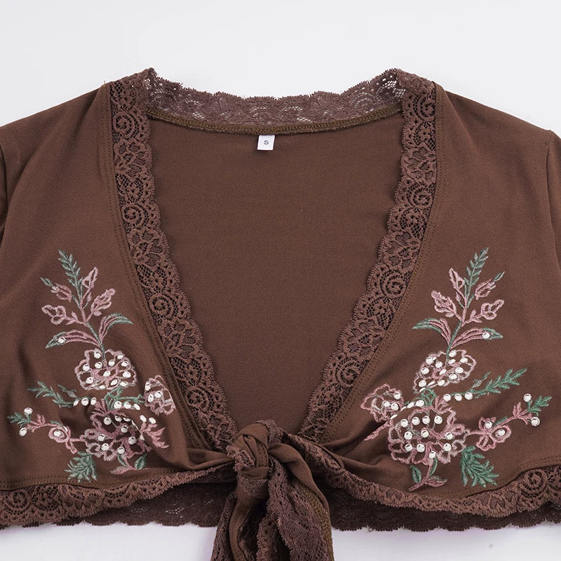 Katy Floral Lace Tie-Front Crop Top