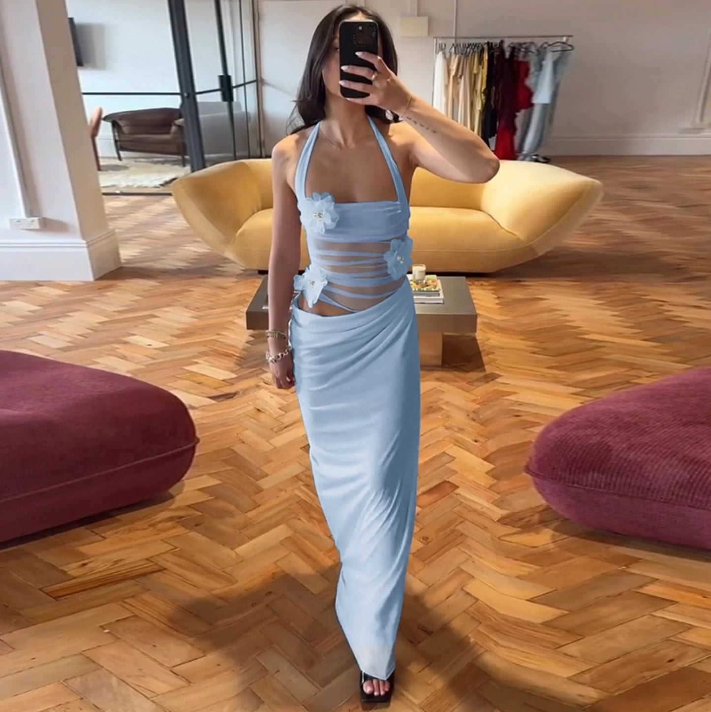 Ruched Mesh Patchwork Maxi Dress