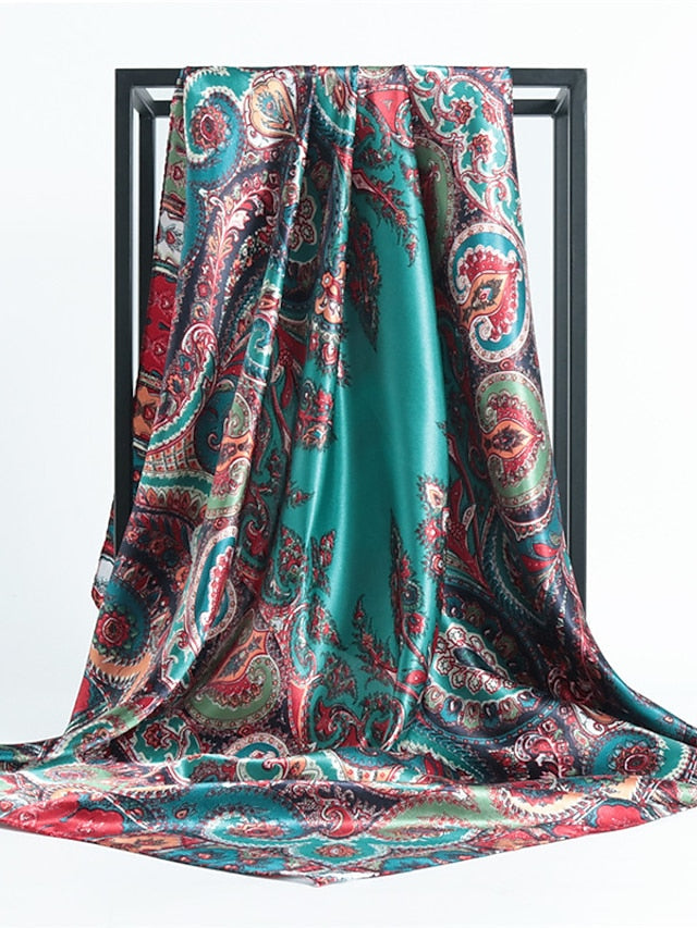 Vintage Flowers Square Scarf For Women Shawls Neckerchief Female Print Headband On the Head Wraps Foulard Hijab Hair Bands 90*90cm for Women