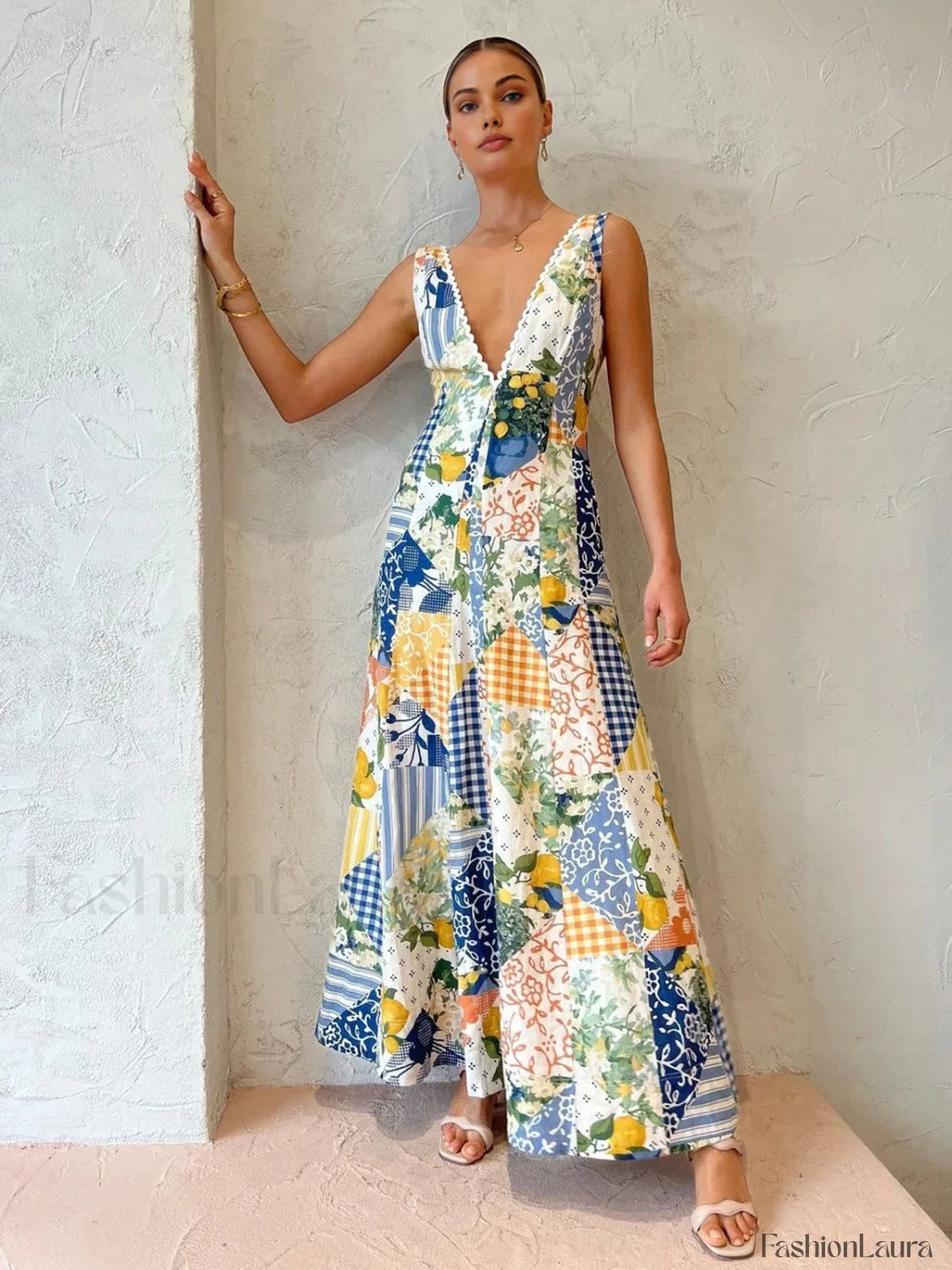 Lemonade Print Lace Trim Long Dress