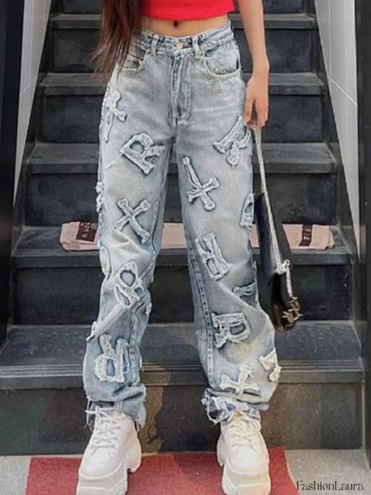 Letter Patch Faded Boyfriend Jeans