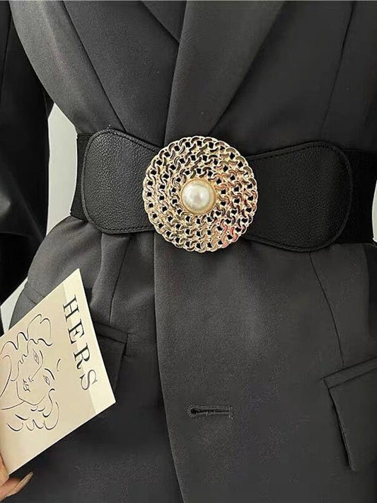 round buckle chain elastic elastic girdle female outer suit dress pearl disc black retro belt for Women