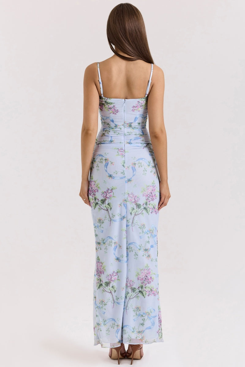 Blue Floral Slit Midi Dress