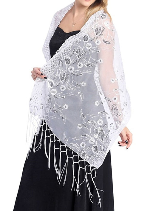 Shawls & Wraps Party Wedding Indoor Light Blue Black White Scarf Embroidered Flower for Women