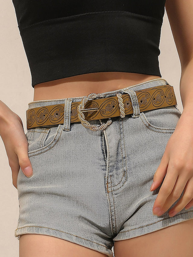 Belt PU Brown Waist Belt Dailywear Weekend Floral Pure Color for Women