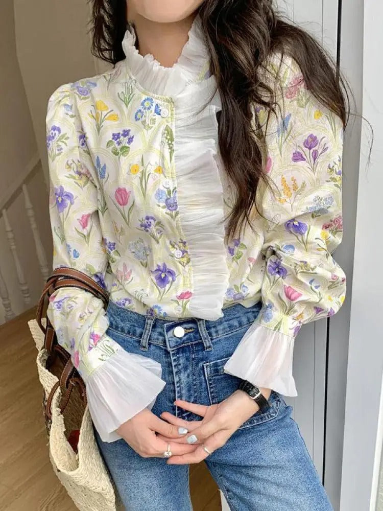 Blusa elegante con volantes y estampado floral para mujer | Ideal para primavera/verano