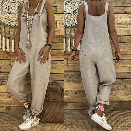 Women Casual Solid Color Sleeveless Summer Vintage Pocket Overalls Oversize Loose Jumpsuits