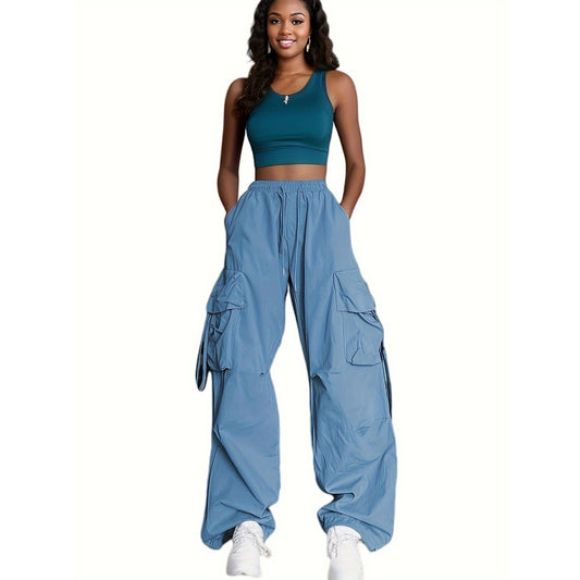 Women Fashion Casual Solid Color Multi-Pocket Drawstring Wide-Leg Pants