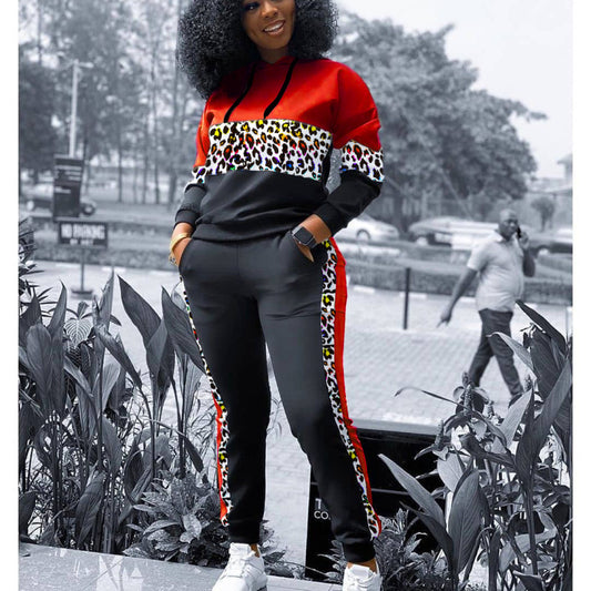 Women Fashion Casual Athleisure Leopard Color Blocking Sweatshirt Pants Set
