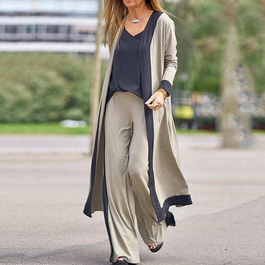 Women Solid Color Sleeveless Vest And Casual Long-Sleeved Cardigan Jacket Pants Three-Piece Set