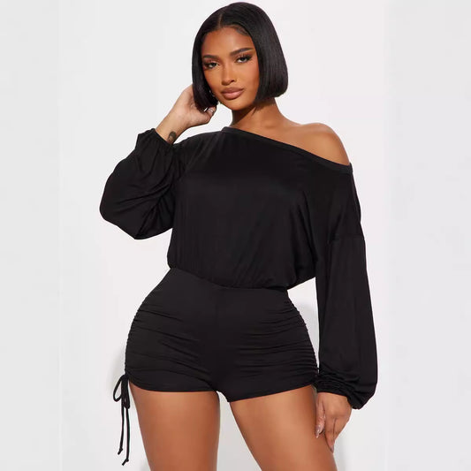 Women Fashion Casual Off-Shoulder Long-Sleeved Pleated Drawstring Tight Rompers