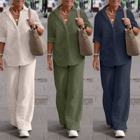 Conjunto de blusa informal de manga larga con solapa y pantalones de color liso y pierna ancha para mujer