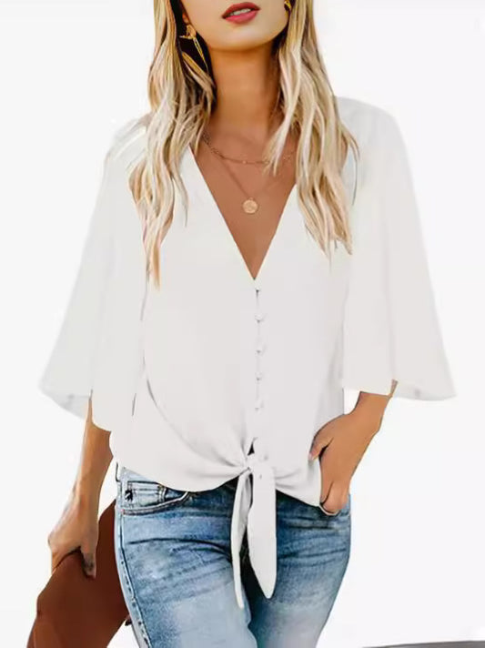 Blusa informal con cuello en V, botones y cordones para mujer