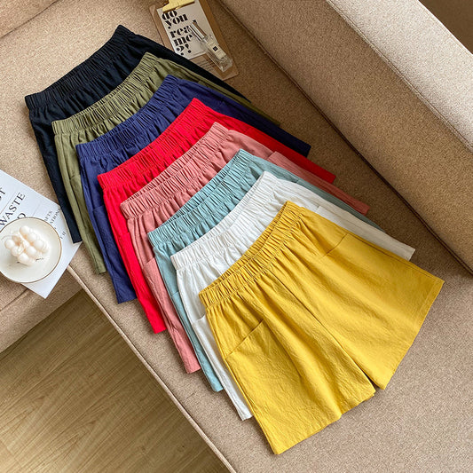 Women Fashion Casual Solid Color Cotton Linen High Waist Shorts