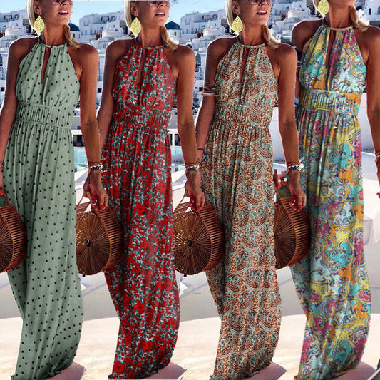 Vestido largo informal bohemio con cuello halter y estampado floral para mujer para vacaciones de verano