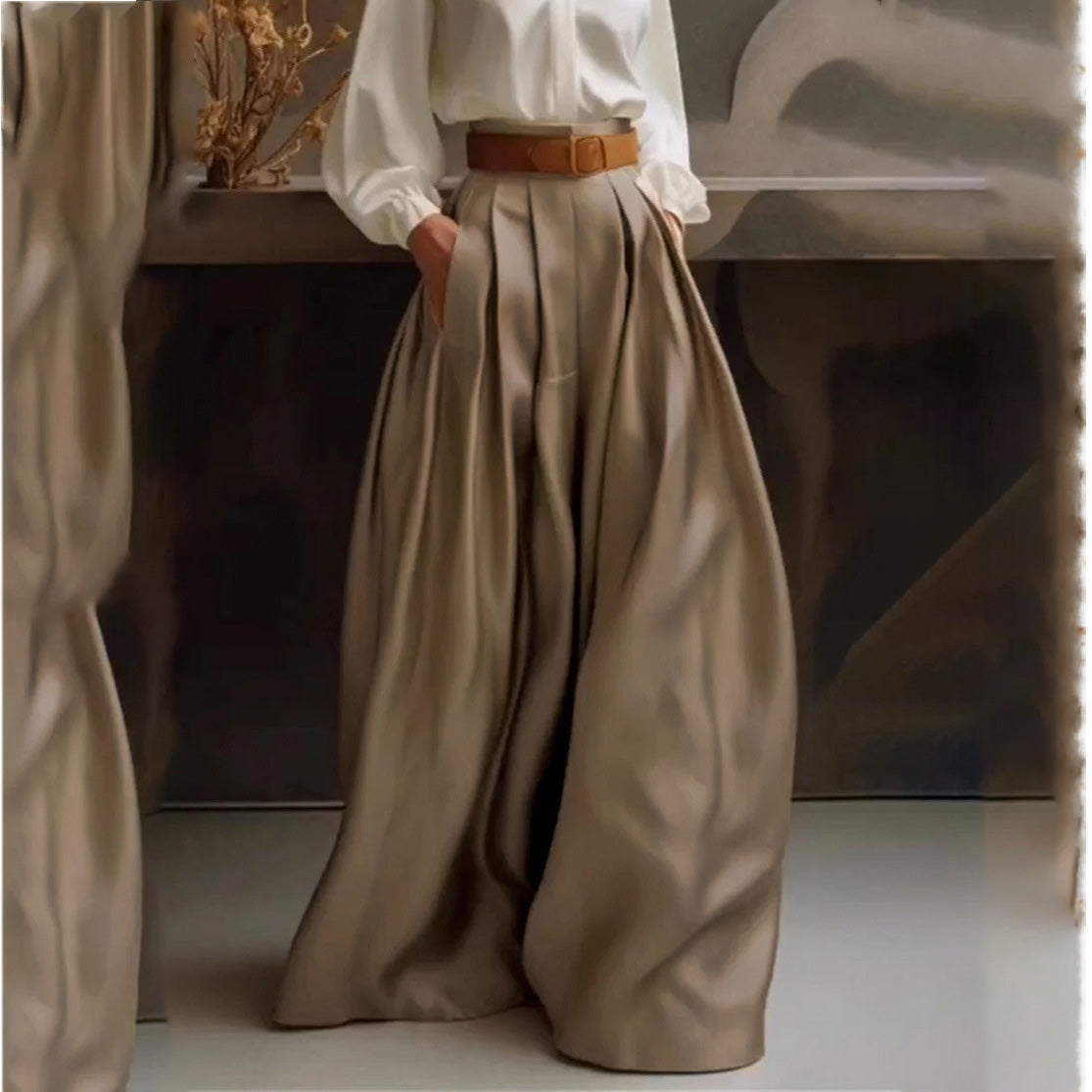 Pantalones holgados de pierna ancha y color liso estilo retro informal para mujer