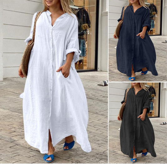 Women Fashion Casual Solid Color Cotton Linen Pocket Shirt Maxi Dress