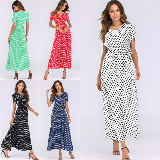 Women Casual Elegant Round Neck Short-Sleeved Polka Dot Print Midi Dress